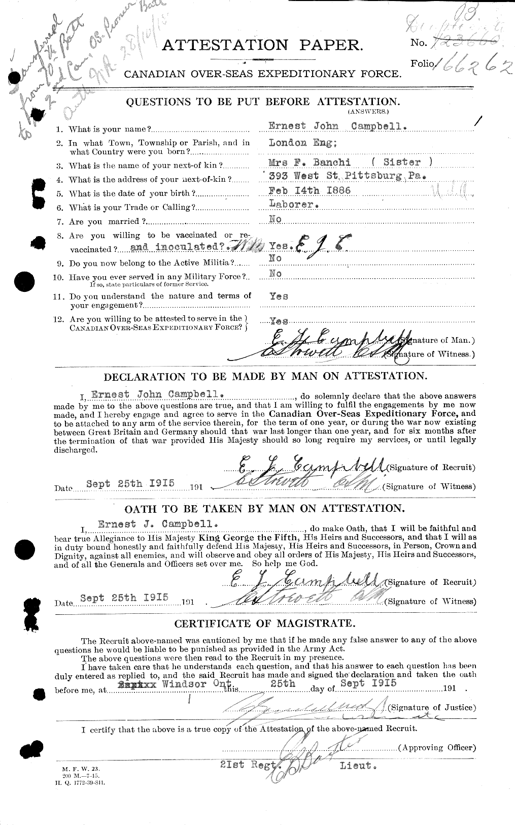Dossiers du Personnel de la Première Guerre mondiale - CEC 003685a