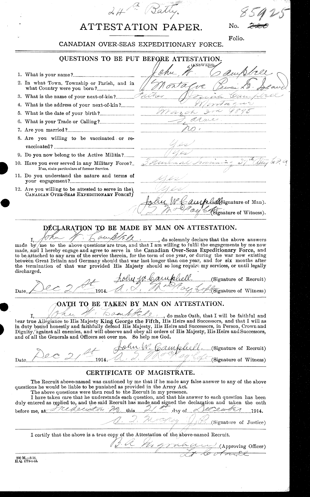 Dossiers du Personnel de la Première Guerre mondiale - CEC 003803a