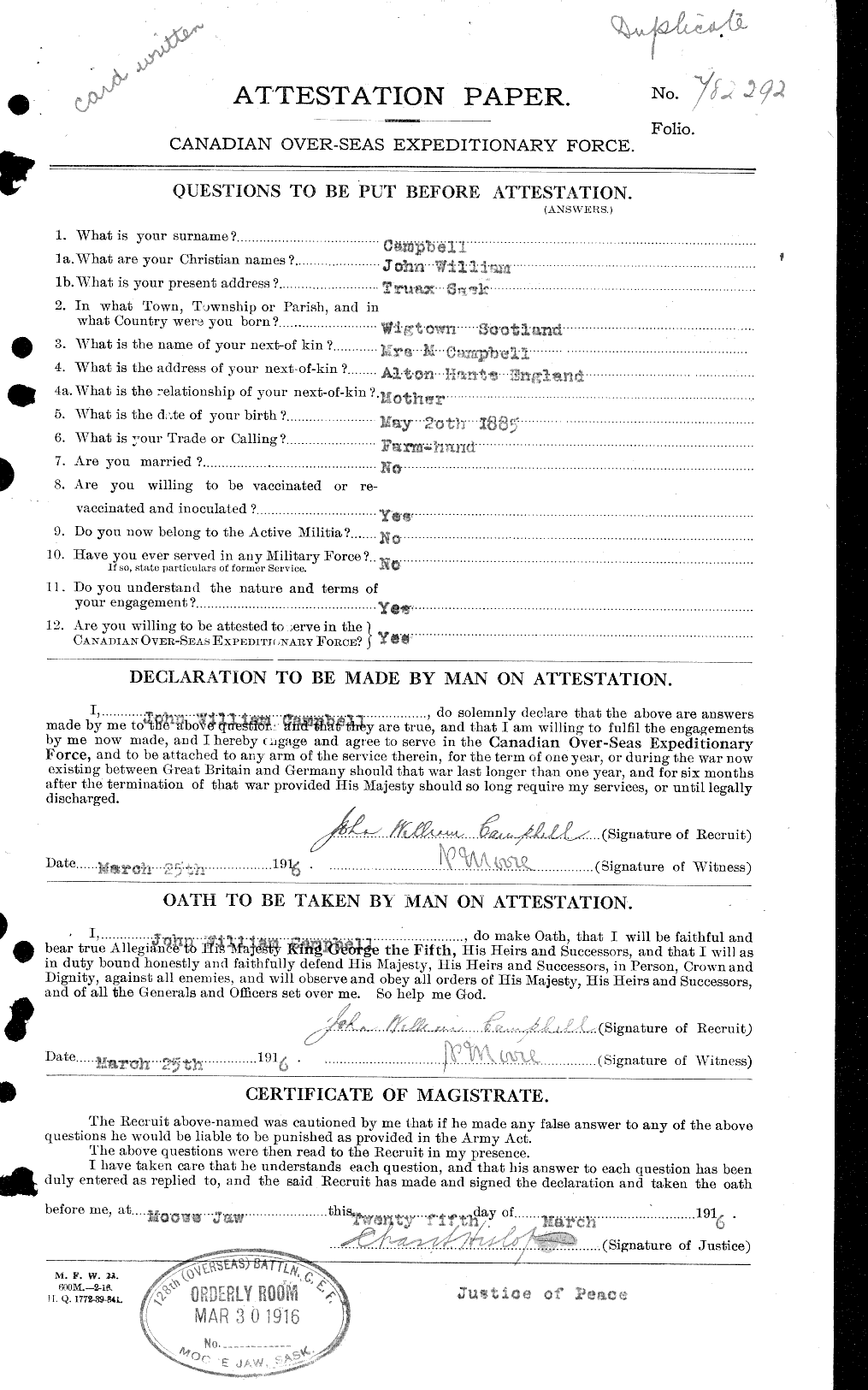 Dossiers du Personnel de la Première Guerre mondiale - CEC 003806a