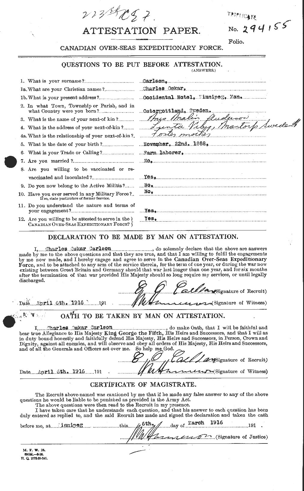 Dossiers du Personnel de la Première Guerre mondiale - CEC 004516a