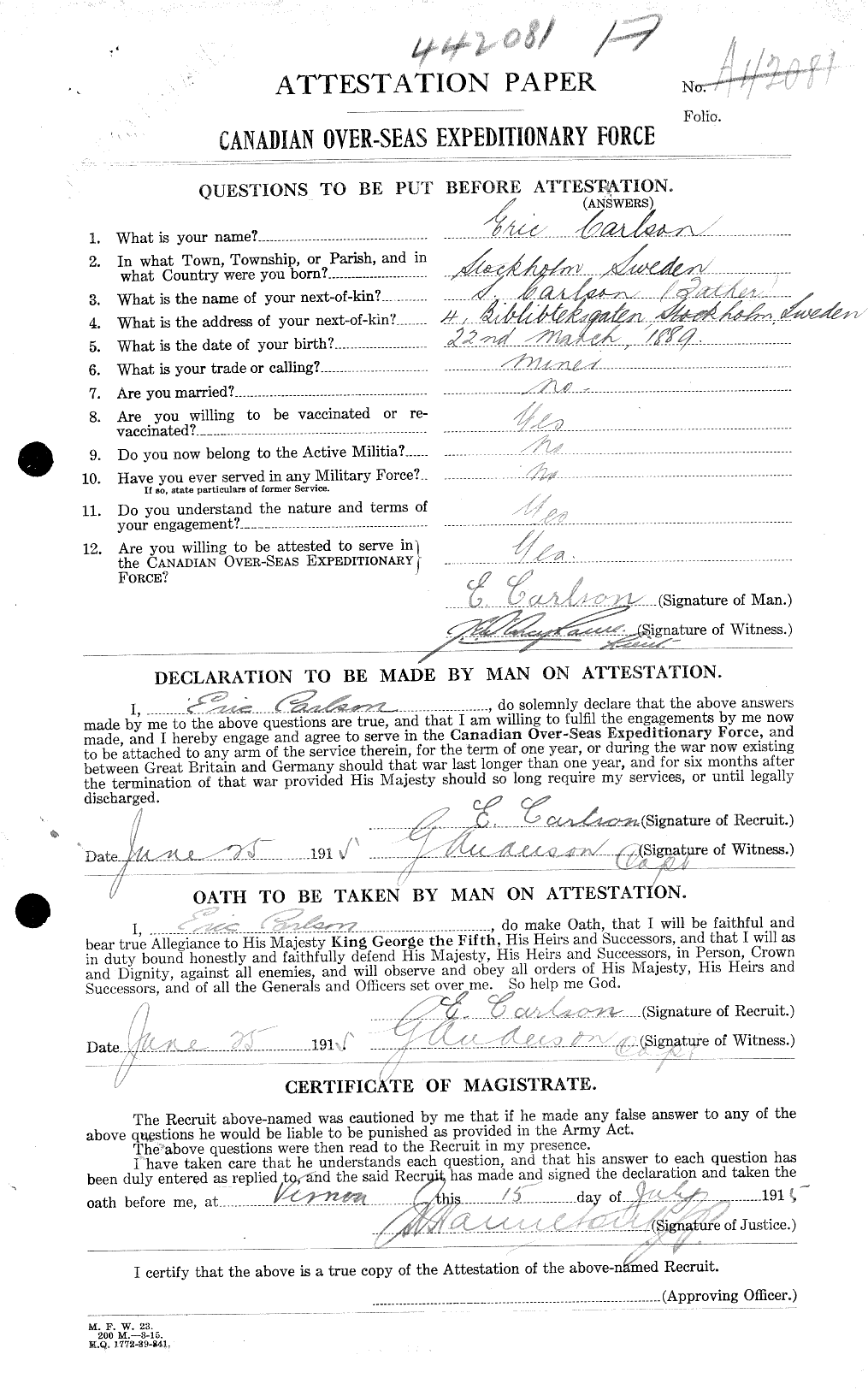 Dossiers du Personnel de la Première Guerre mondiale - CEC 004533a