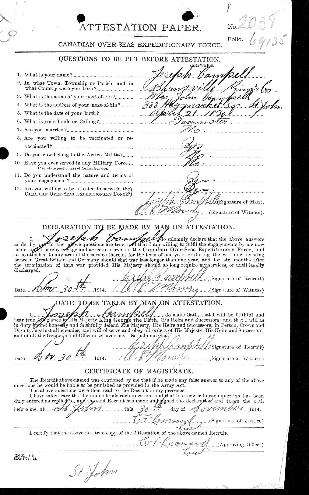 Dossiers du Personnel de la Première Guerre mondiale - CEC 004964a