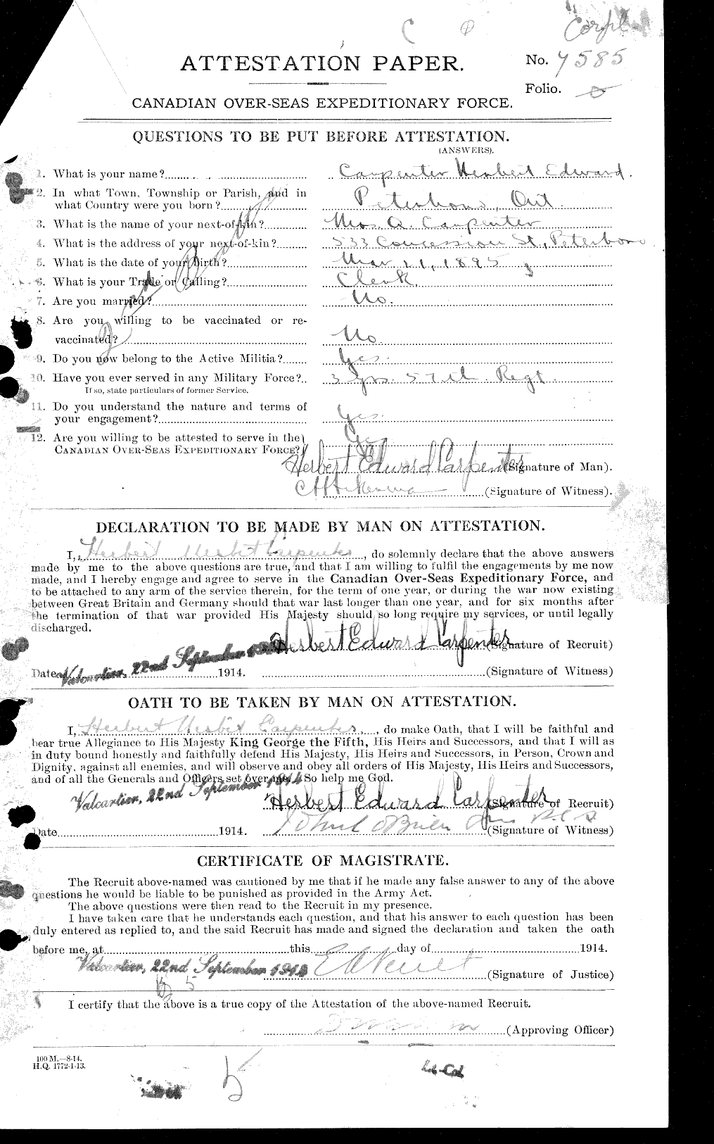 Dossiers du Personnel de la Première Guerre mondiale - CEC 005236a