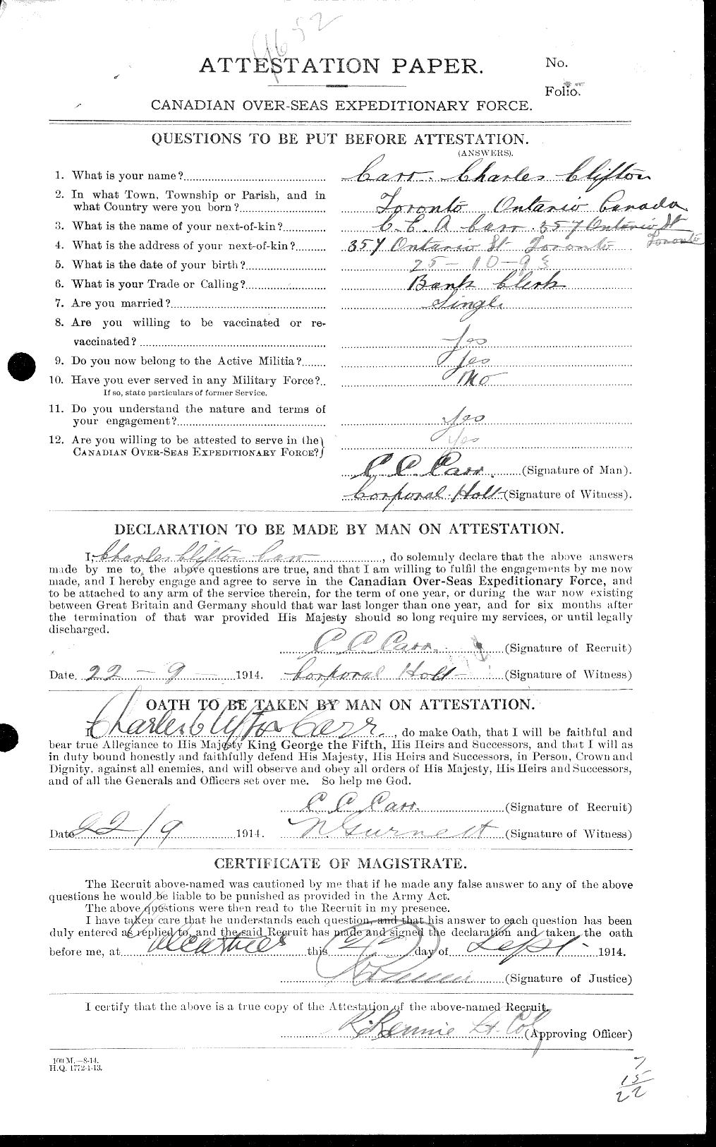 Dossiers du Personnel de la Première Guerre mondiale - CEC 005283a