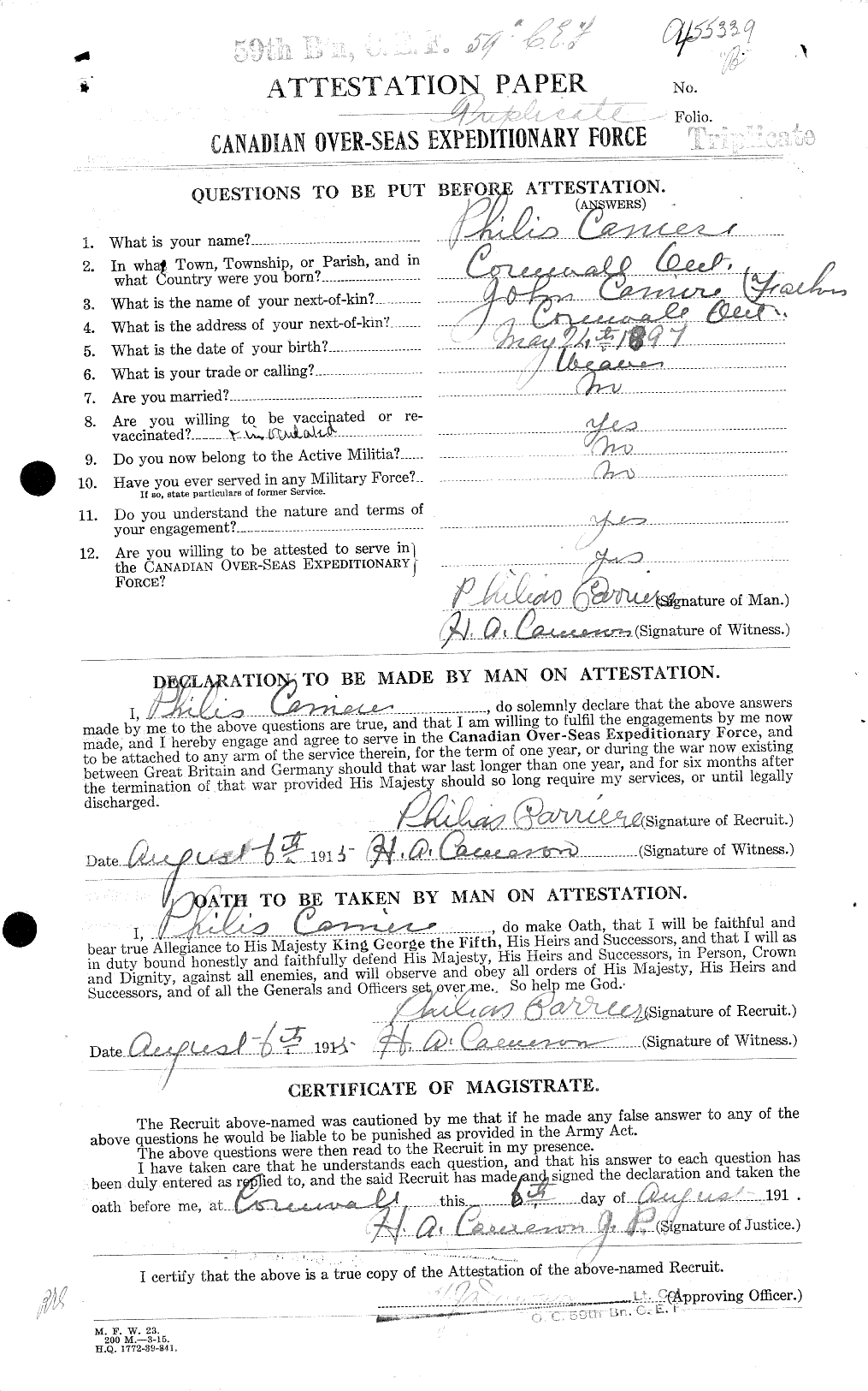 Dossiers du Personnel de la Première Guerre mondiale - CEC 005427a