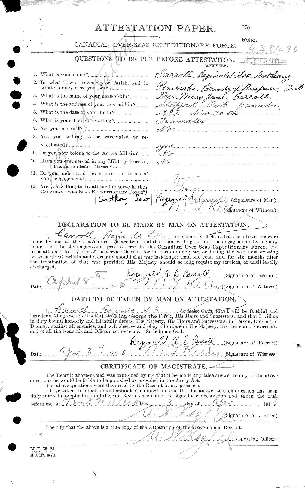 Dossiers du Personnel de la Première Guerre mondiale - CEC 005697a