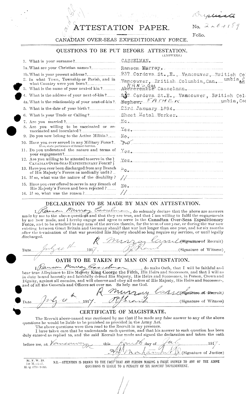 Dossiers du Personnel de la Première Guerre mondiale - CEC 006322a