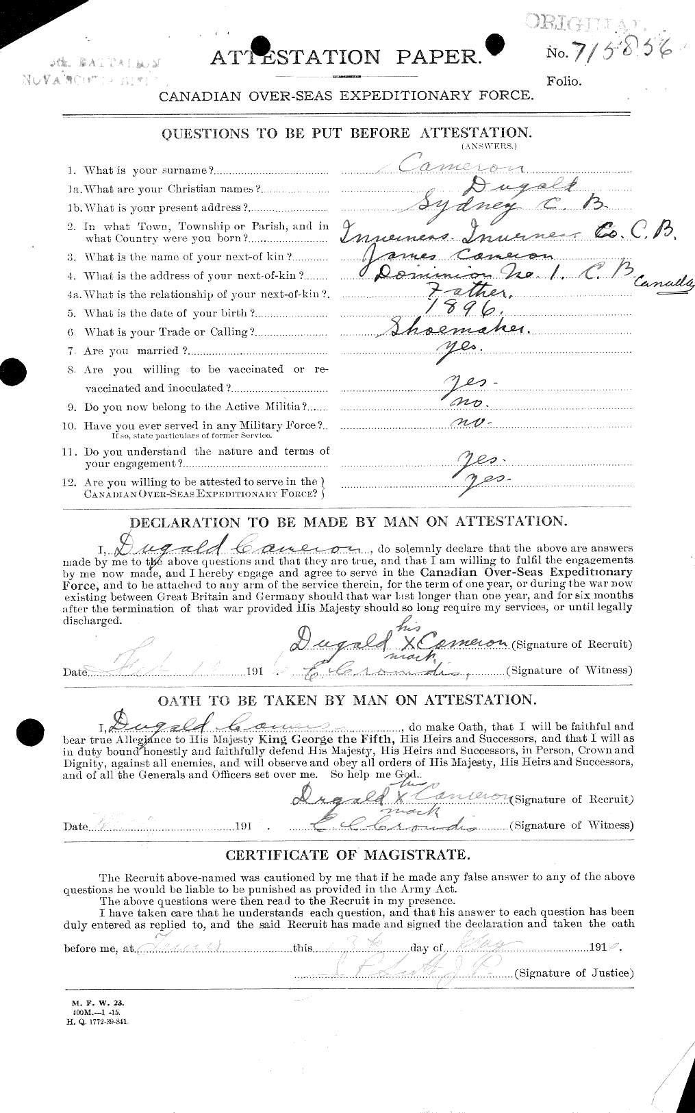 Dossiers du Personnel de la Première Guerre mondiale - CEC 006499a