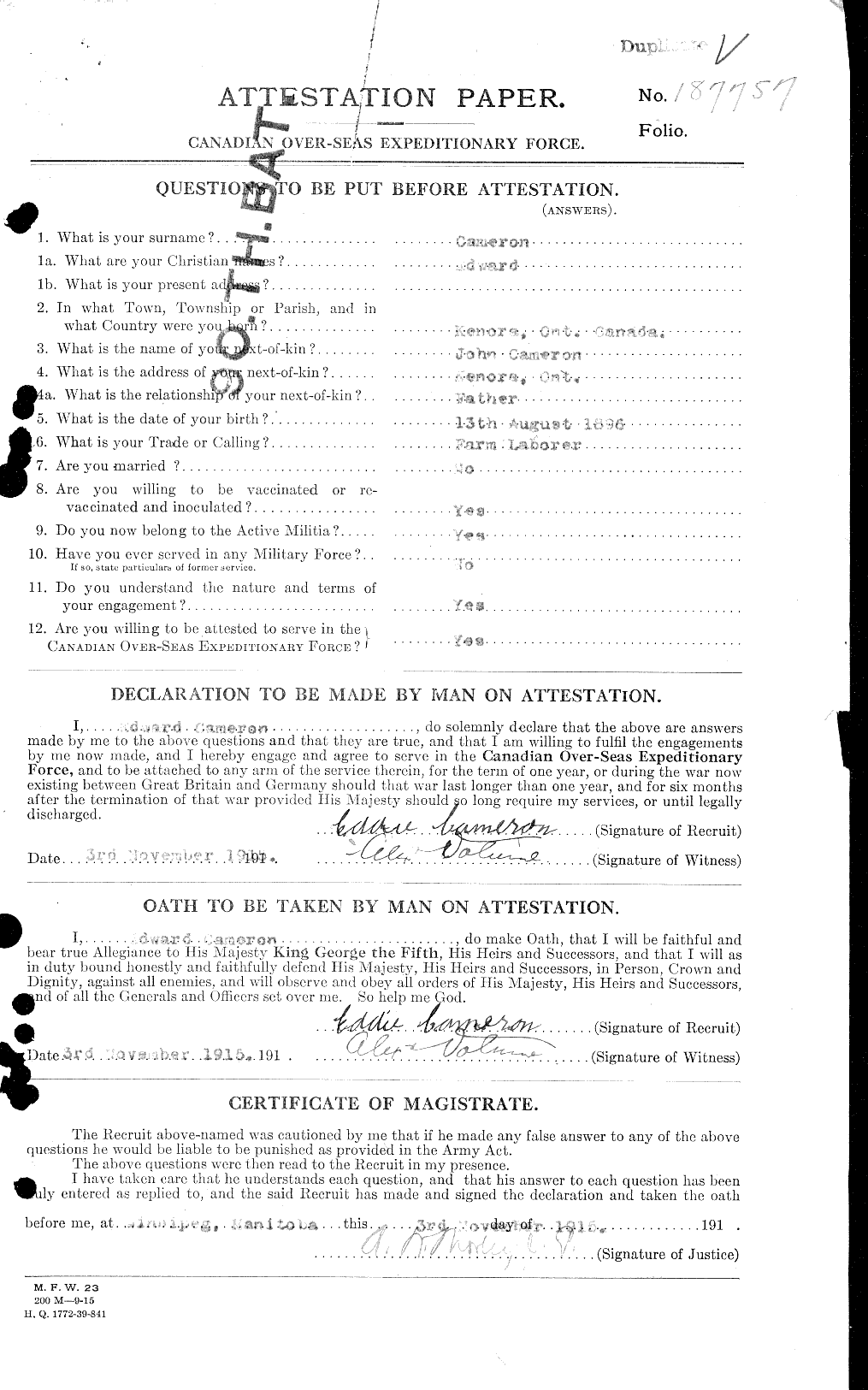 Dossiers du Personnel de la Première Guerre mondiale - CEC 006521a