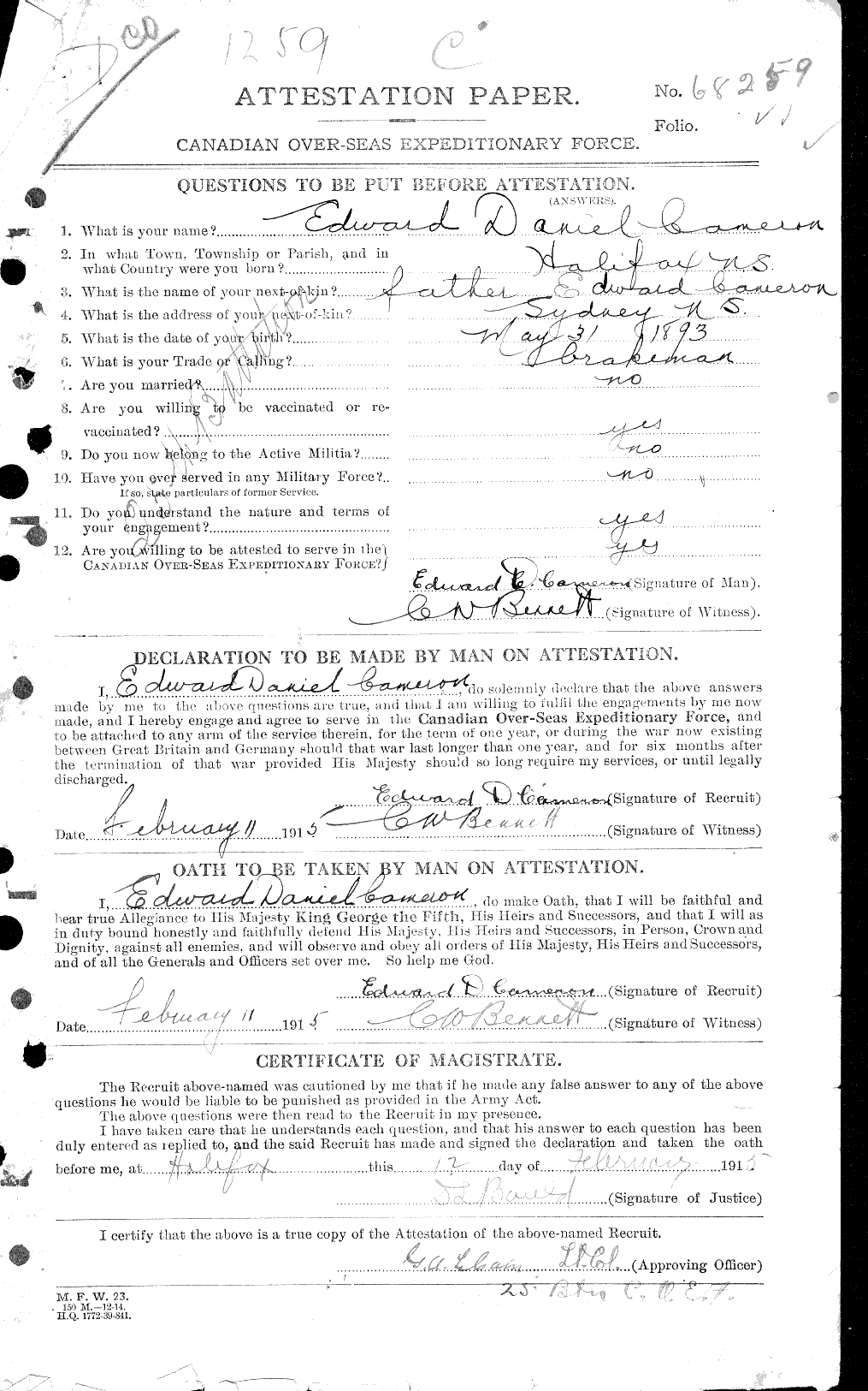 Dossiers du Personnel de la Première Guerre mondiale - CEC 006524a