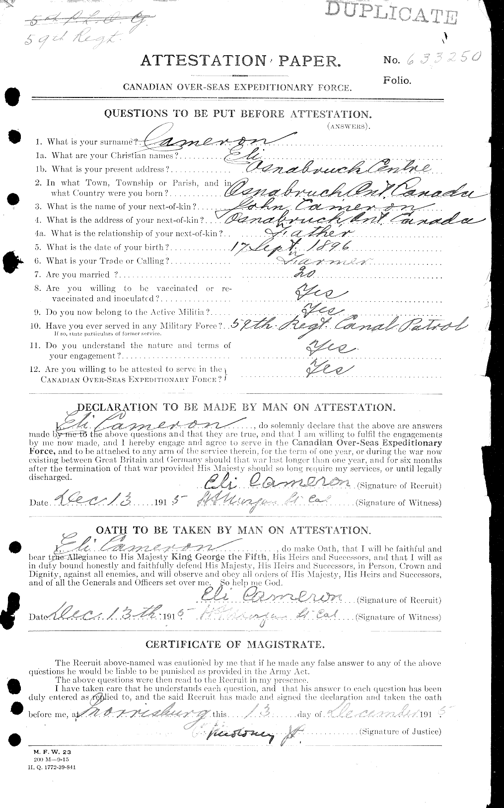 Dossiers du Personnel de la Première Guerre mondiale - CEC 006529a
