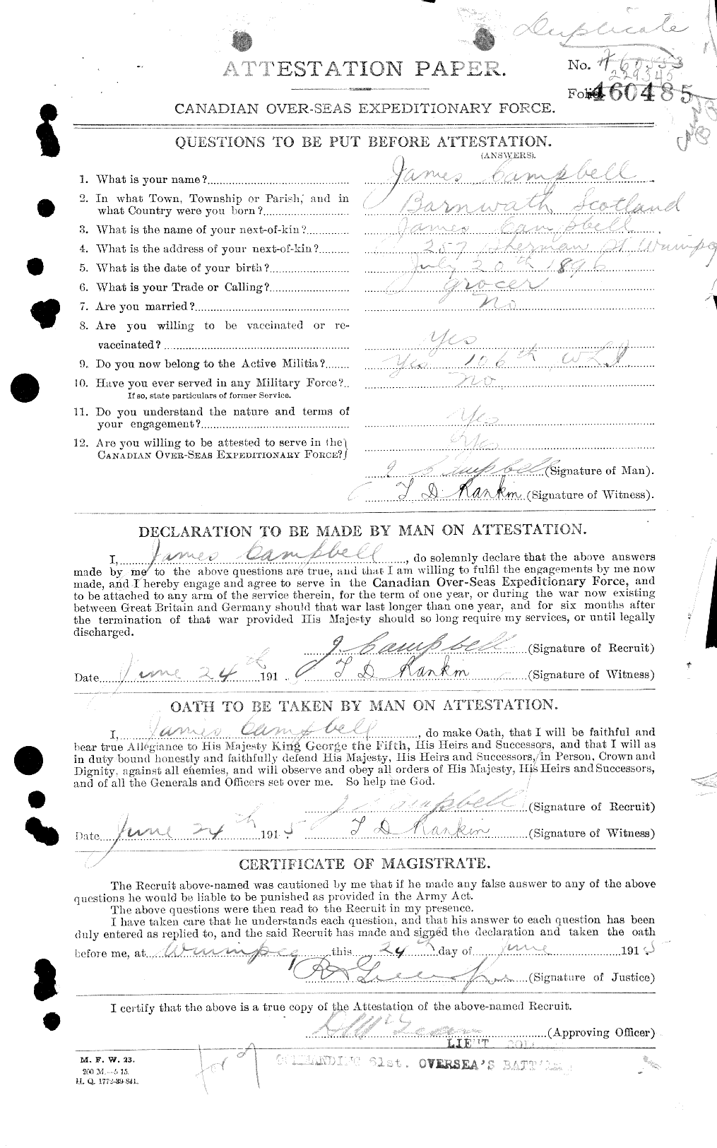 Dossiers du Personnel de la Première Guerre mondiale - CEC 006734a