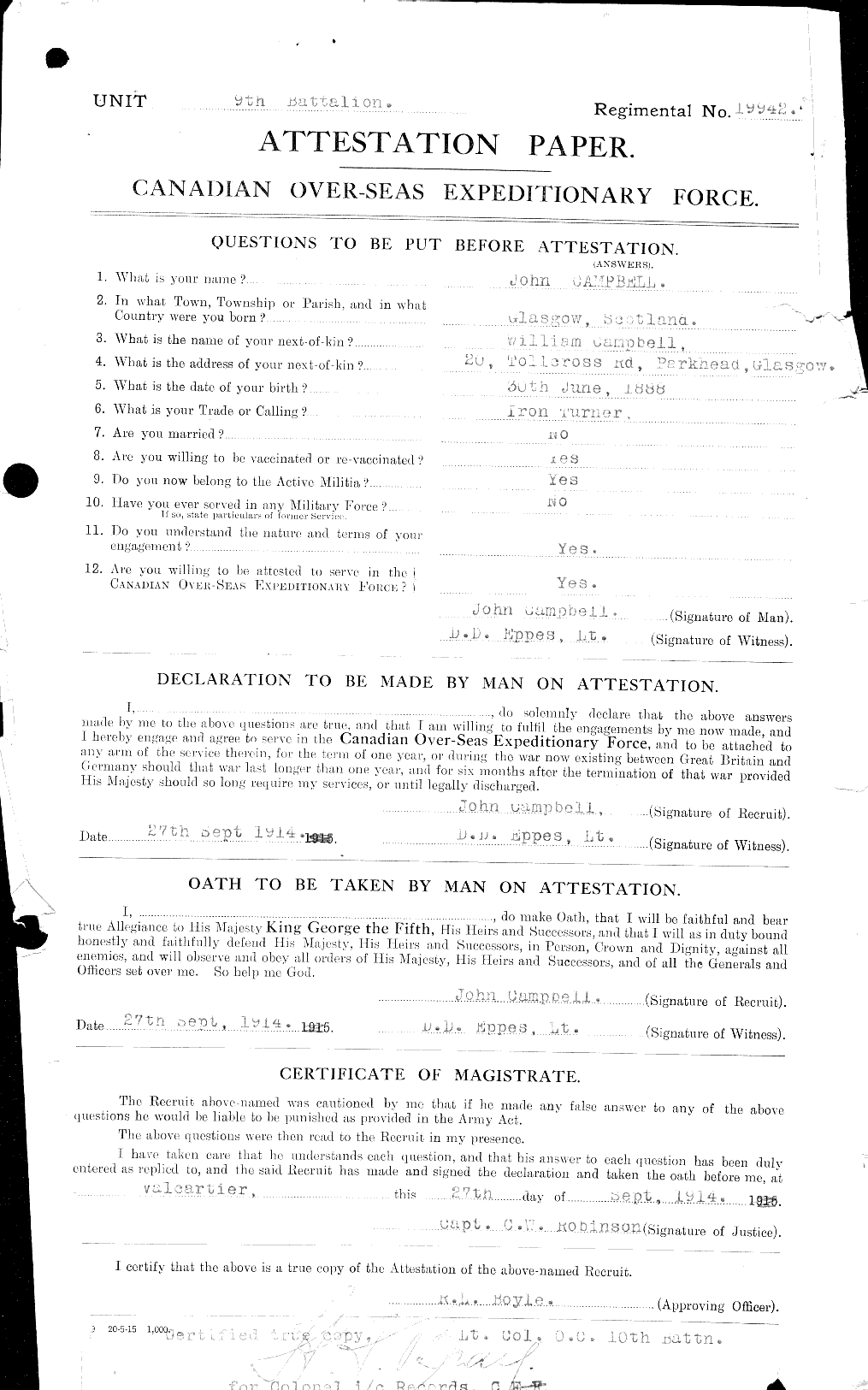 Dossiers du Personnel de la Première Guerre mondiale - CEC 006795a