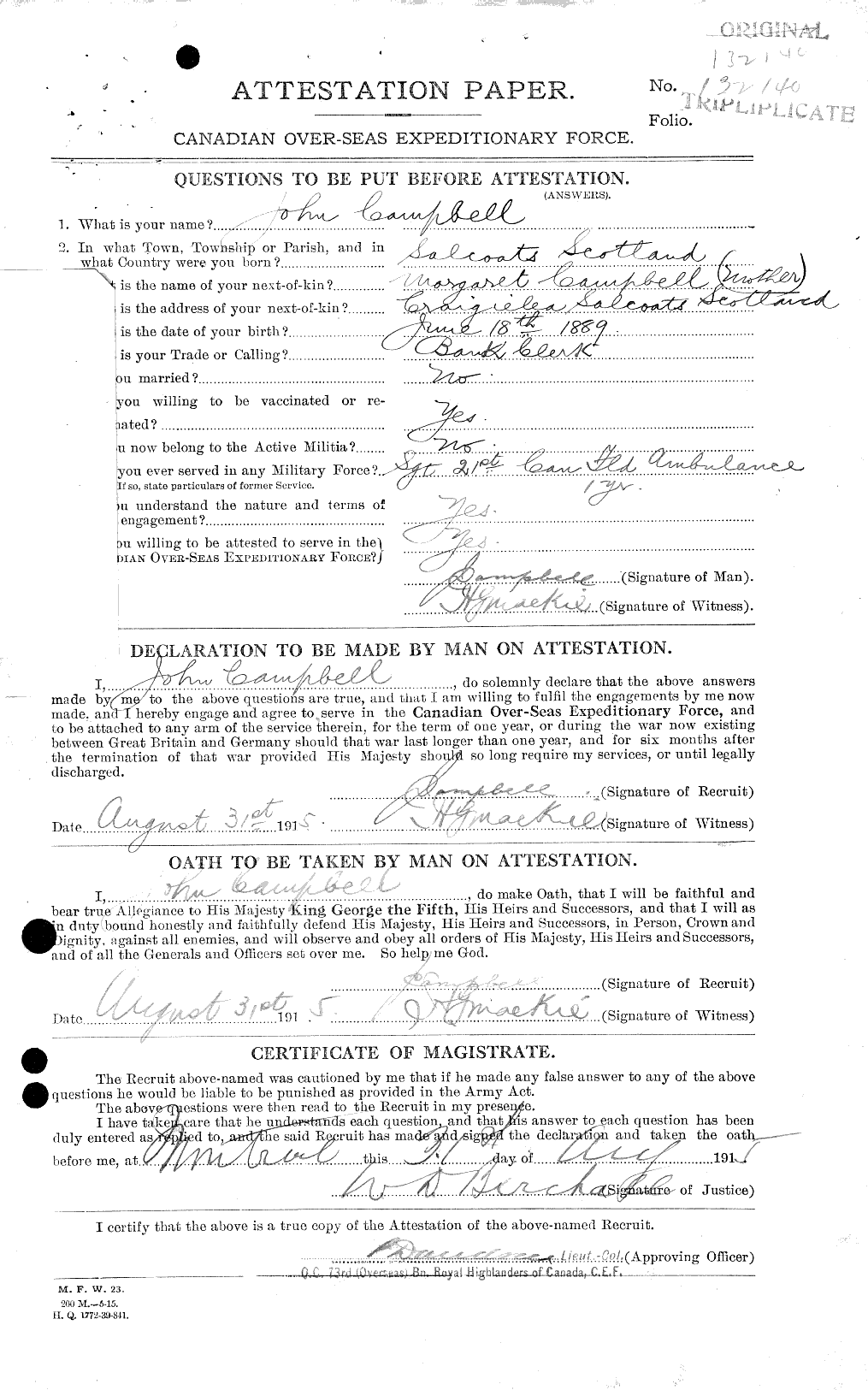 Dossiers du Personnel de la Première Guerre mondiale - CEC 006811a