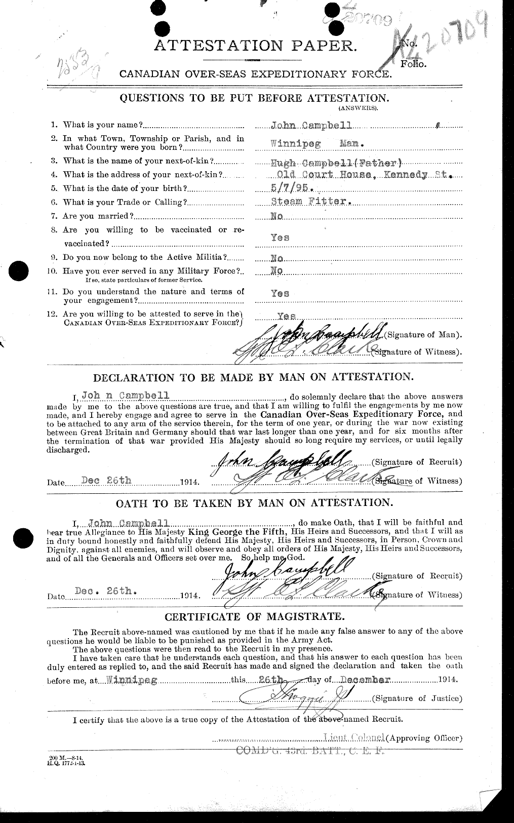 Dossiers du Personnel de la Première Guerre mondiale - CEC 006828a