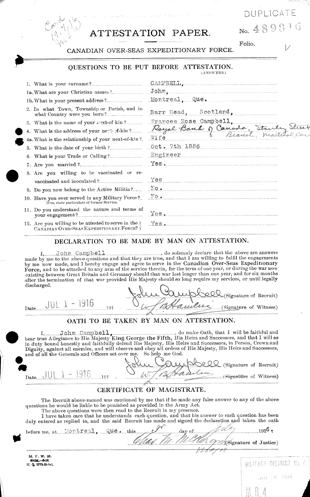 Dossiers du Personnel de la Première Guerre mondiale - CEC 006838a