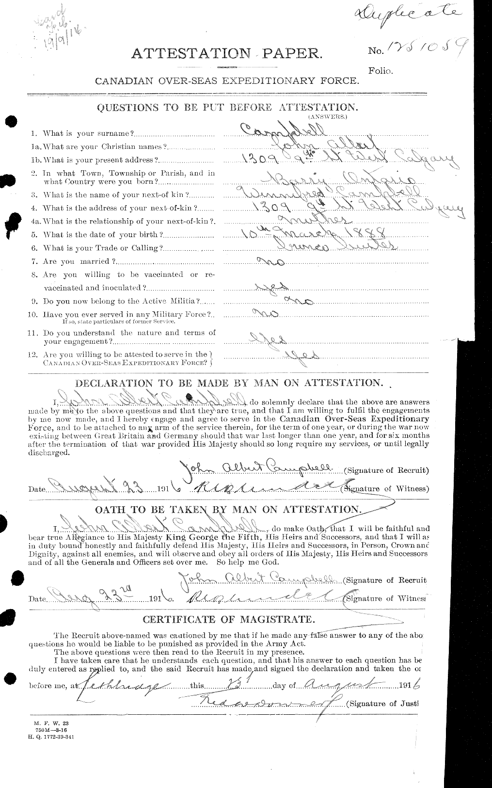 Dossiers du Personnel de la Première Guerre mondiale - CEC 006850a
