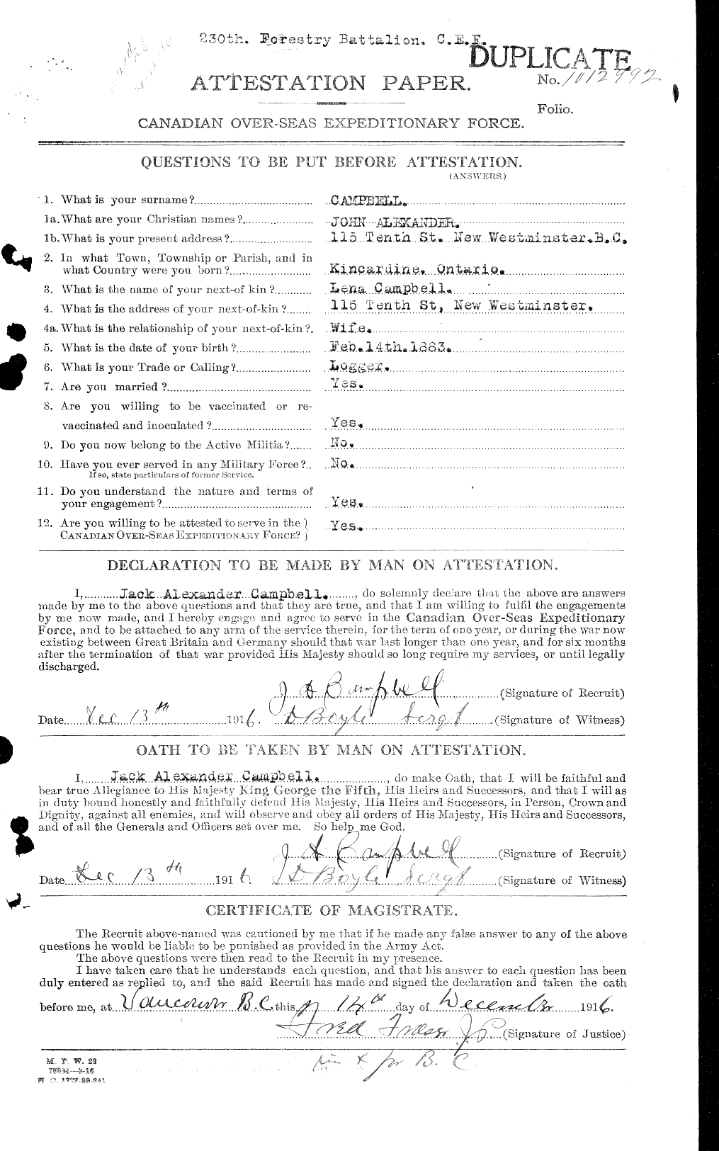 Dossiers du Personnel de la Première Guerre mondiale - CEC 006861a