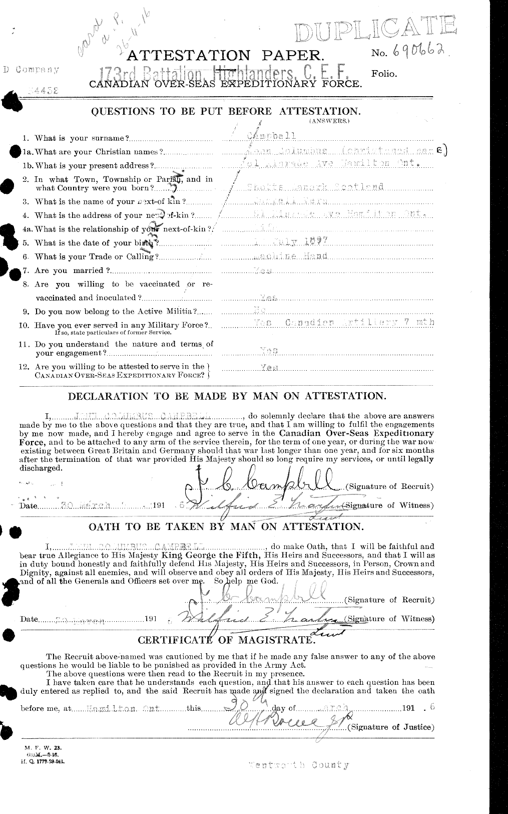 Dossiers du Personnel de la Première Guerre mondiale - CEC 006885a