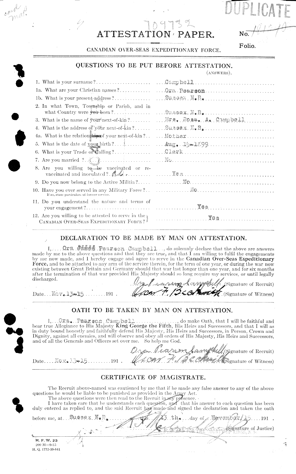 Dossiers du Personnel de la Première Guerre mondiale - CEC 006983a