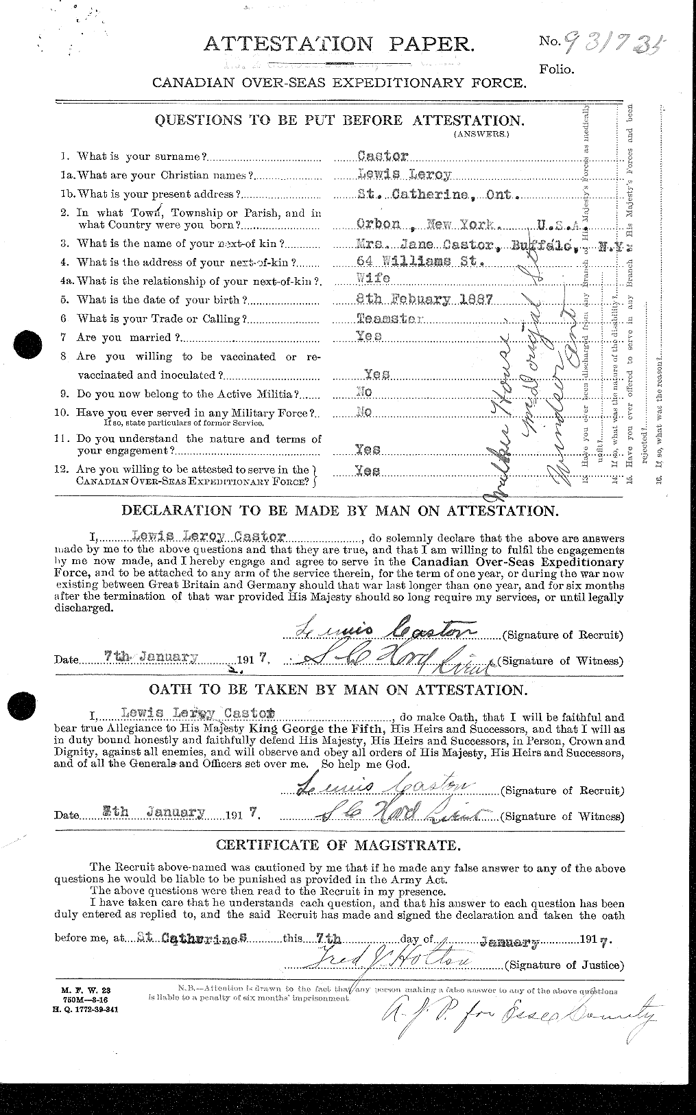 Dossiers du Personnel de la Première Guerre mondiale - CEC 007292a