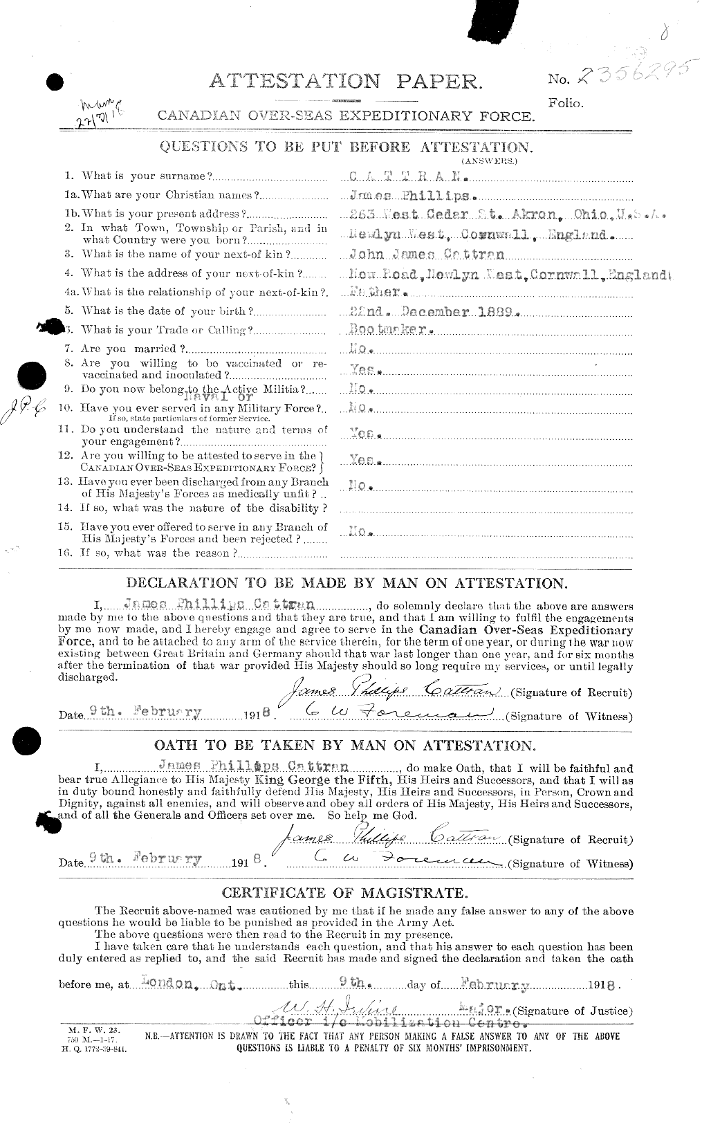 Dossiers du Personnel de la Première Guerre mondiale - CEC 007464a