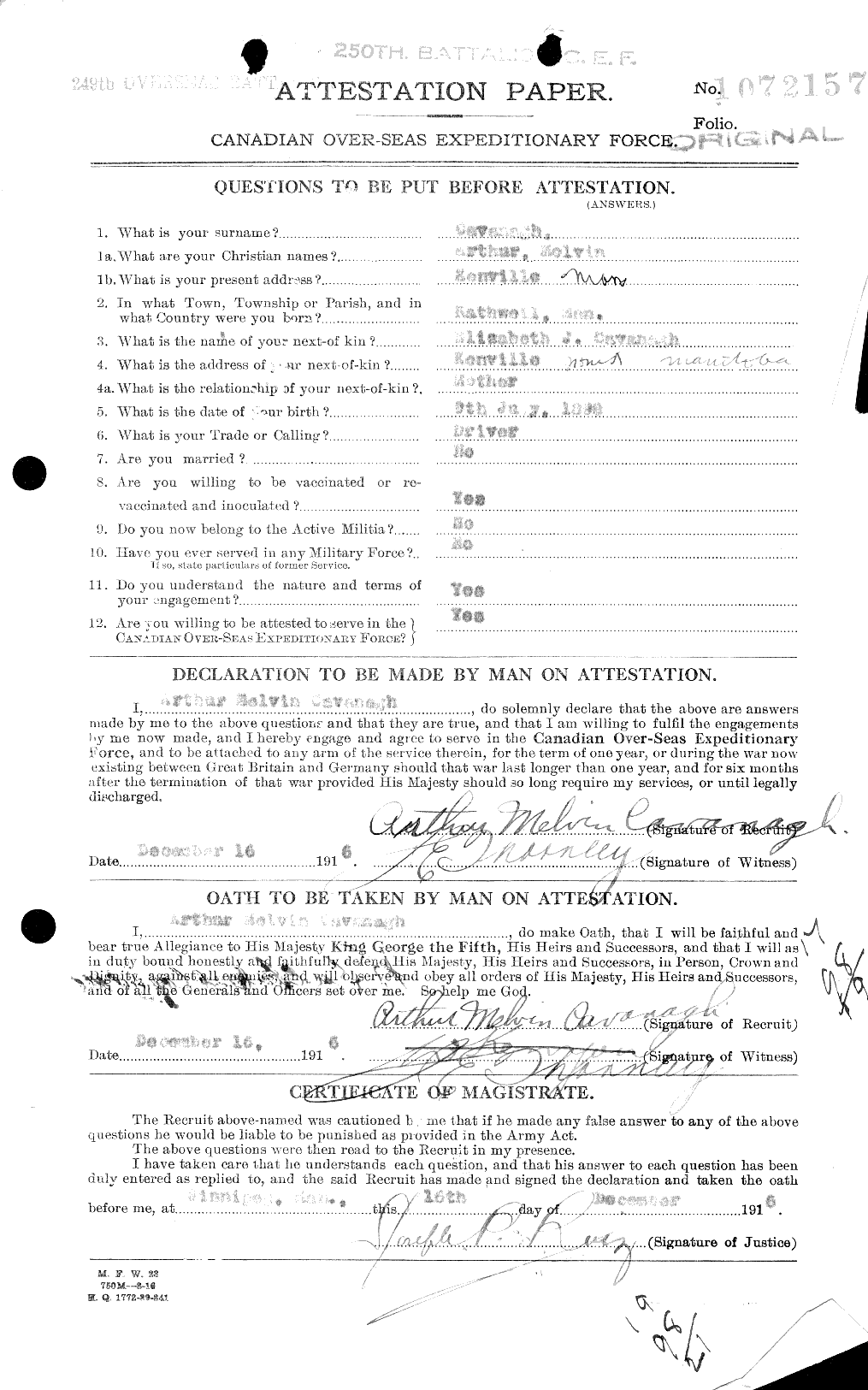 Dossiers du Personnel de la Première Guerre mondiale - CEC 007586a