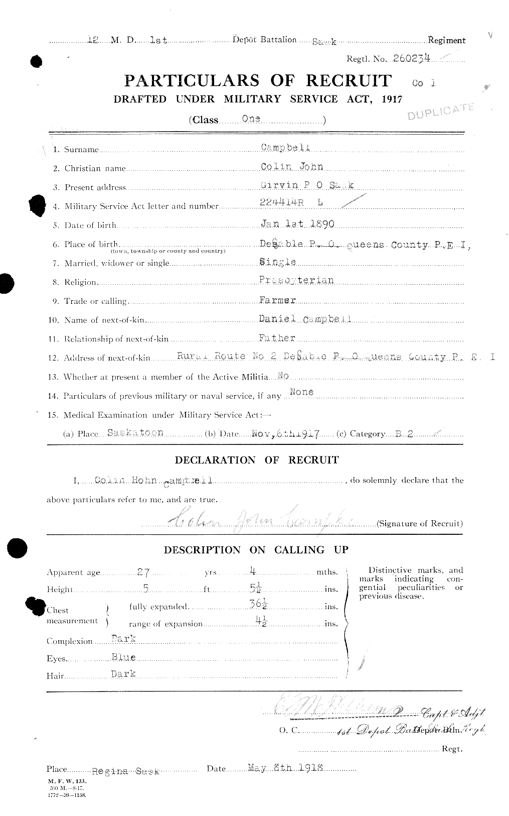 Dossiers du Personnel de la Première Guerre mondiale - CEC 008127a