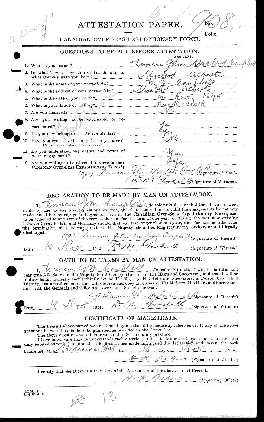 Dossiers du Personnel de la Première Guerre mondiale - CEC 008222a