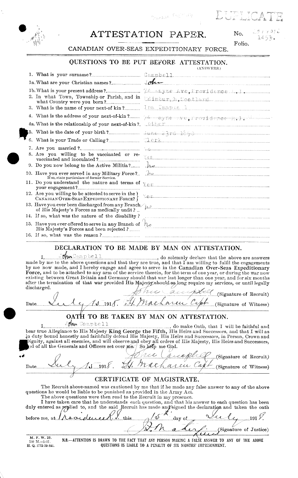 Dossiers du Personnel de la Première Guerre mondiale - CEC 008478a
