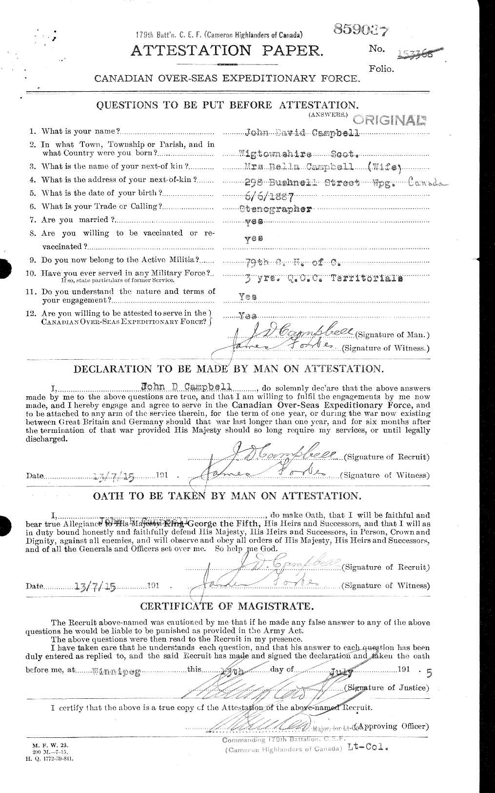 Dossiers du Personnel de la Première Guerre mondiale - CEC 008499a