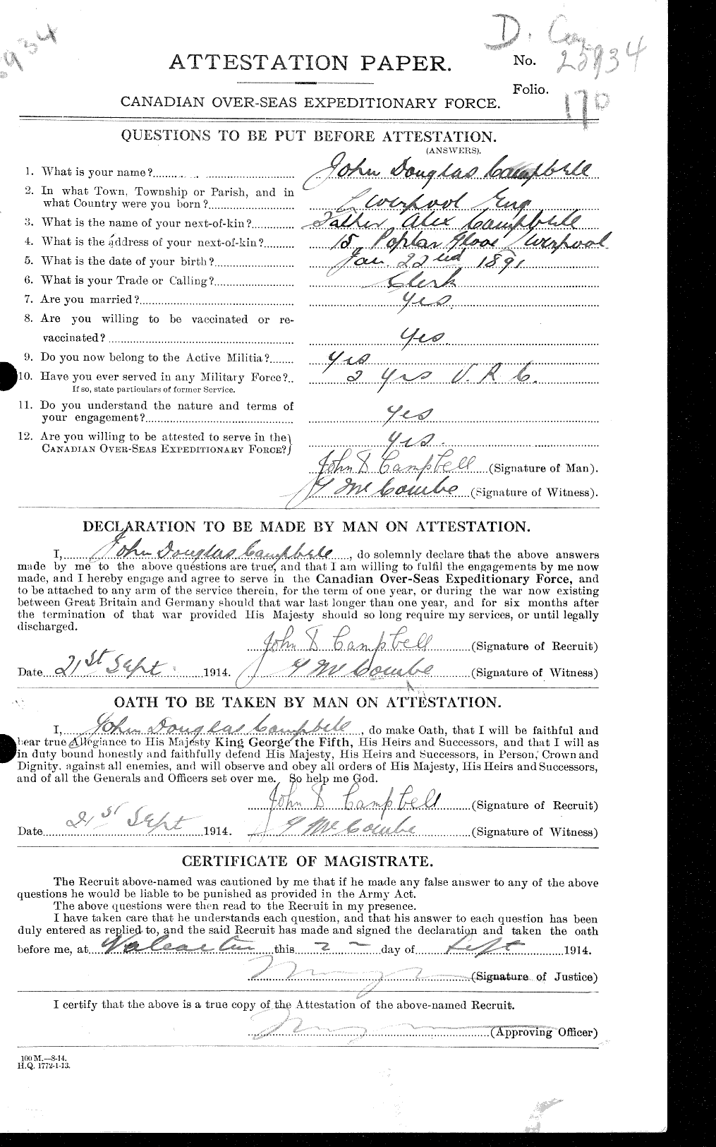 Dossiers du Personnel de la Première Guerre mondiale - CEC 008504a