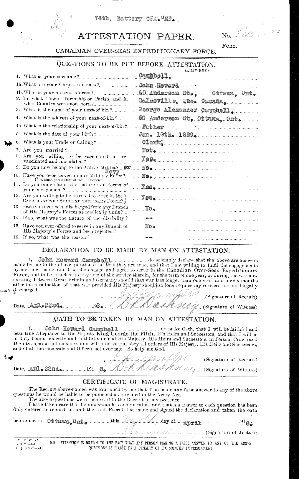 Dossiers du Personnel de la Première Guerre mondiale - CEC 008536a