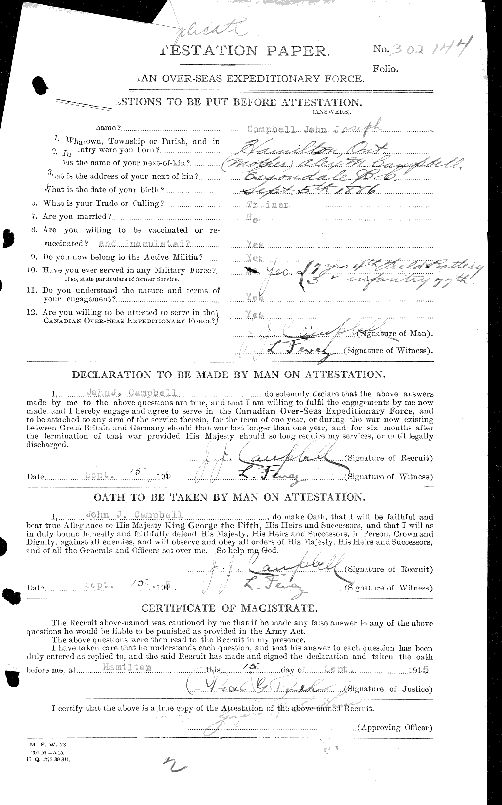 Dossiers du Personnel de la Première Guerre mondiale - CEC 008550a