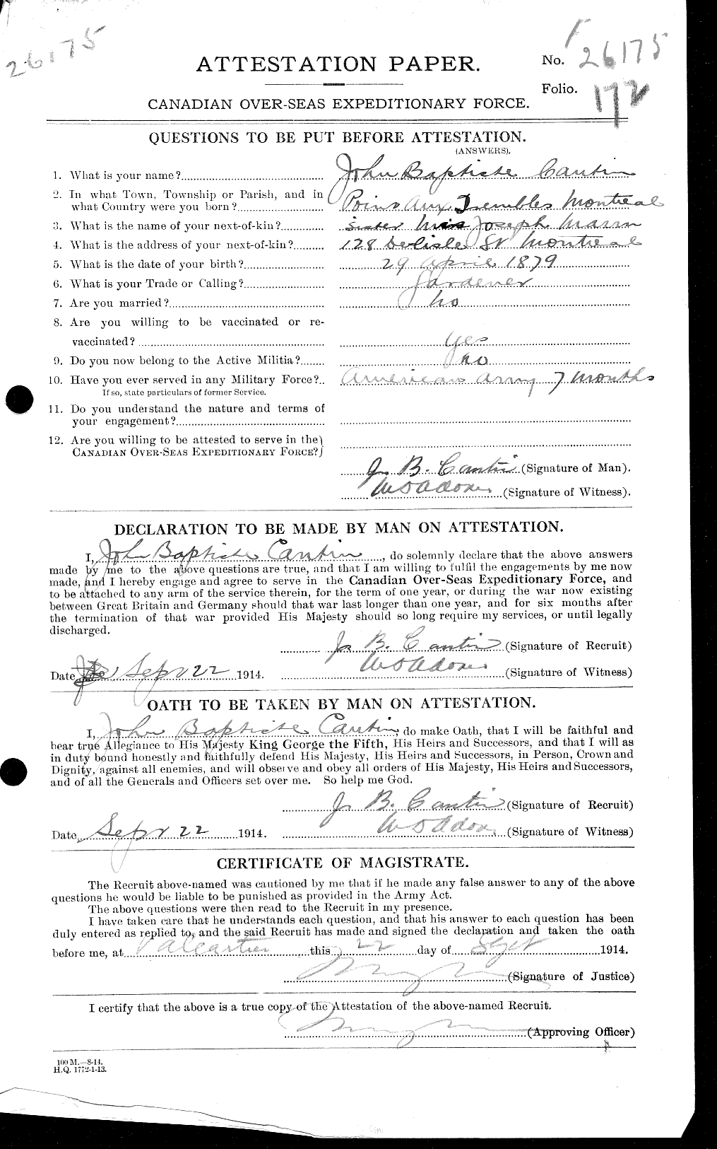 Dossiers du Personnel de la Première Guerre mondiale - CEC 009058a