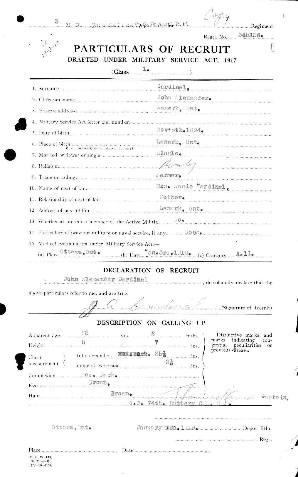 Dossiers du Personnel de la Première Guerre mondiale - CEC 009262a