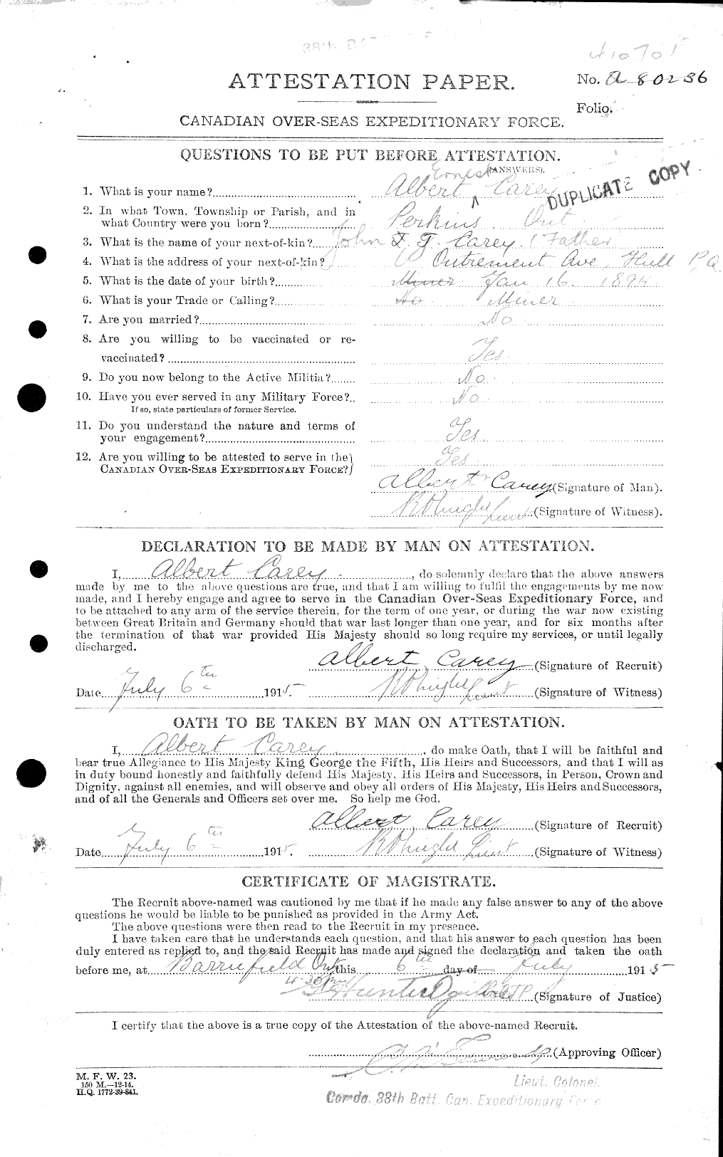 Dossiers du Personnel de la Première Guerre mondiale - CEC 009349a