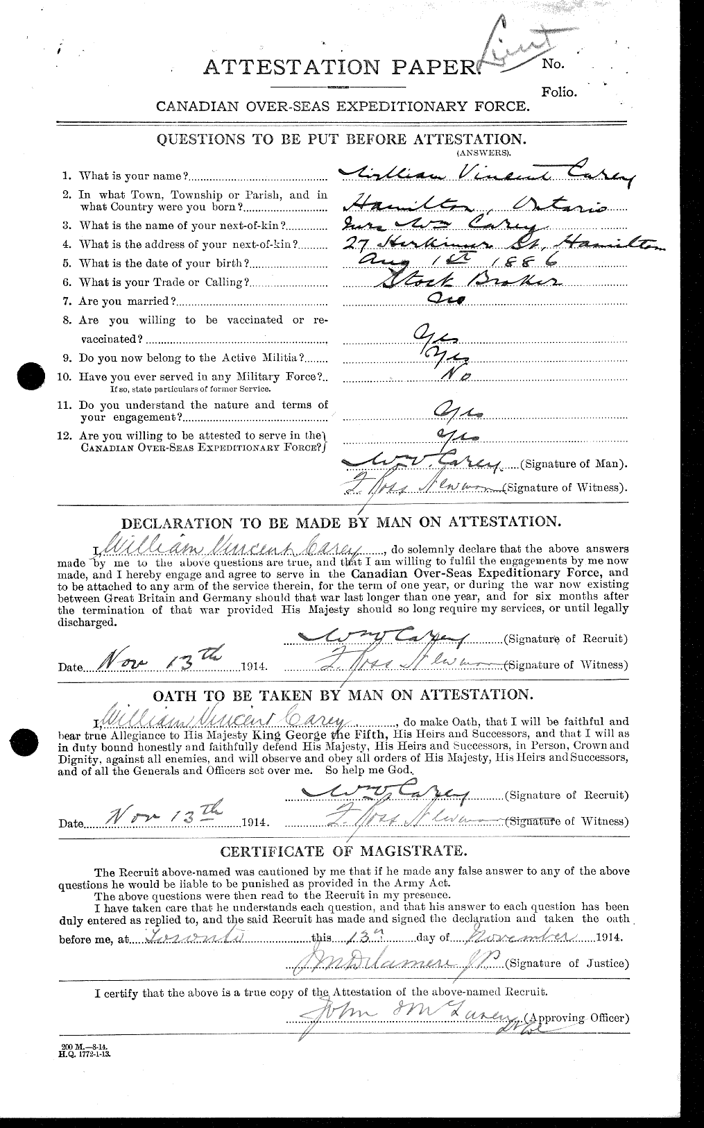 Dossiers du Personnel de la Première Guerre mondiale - CEC 009402a