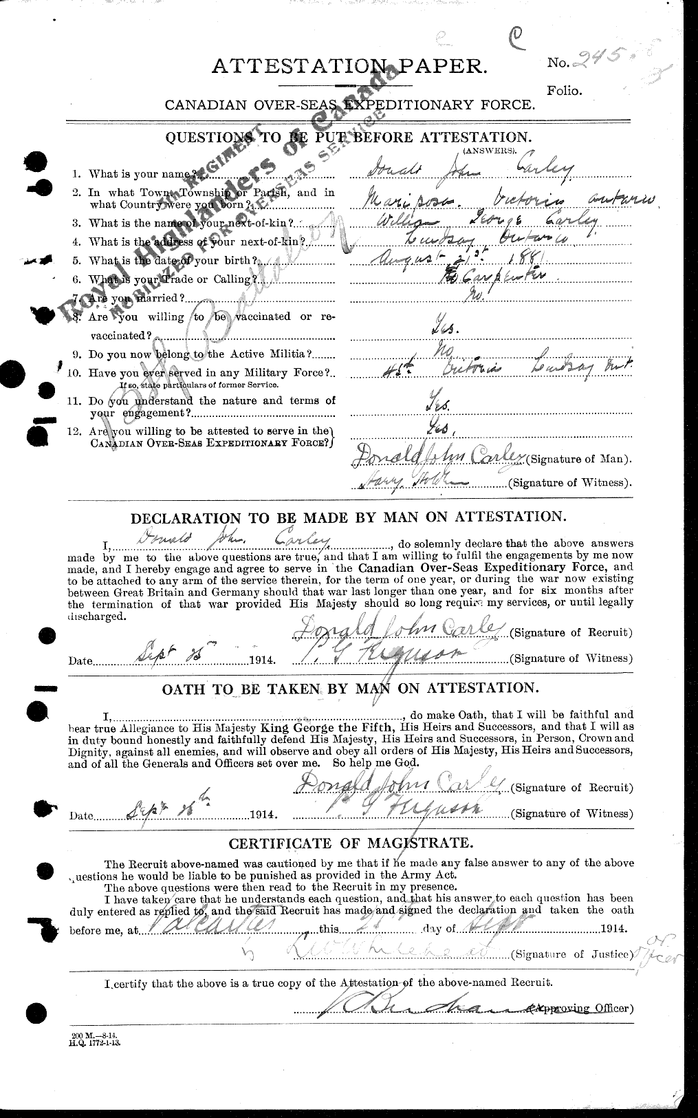Dossiers du Personnel de la Première Guerre mondiale - CEC 009603a