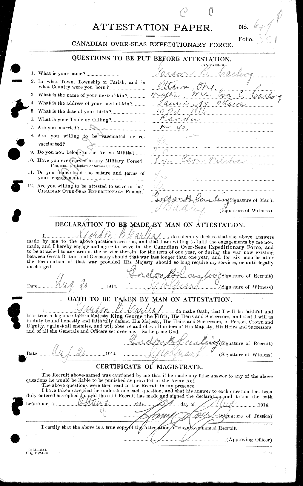 Dossiers du Personnel de la Première Guerre mondiale - CEC 009654a