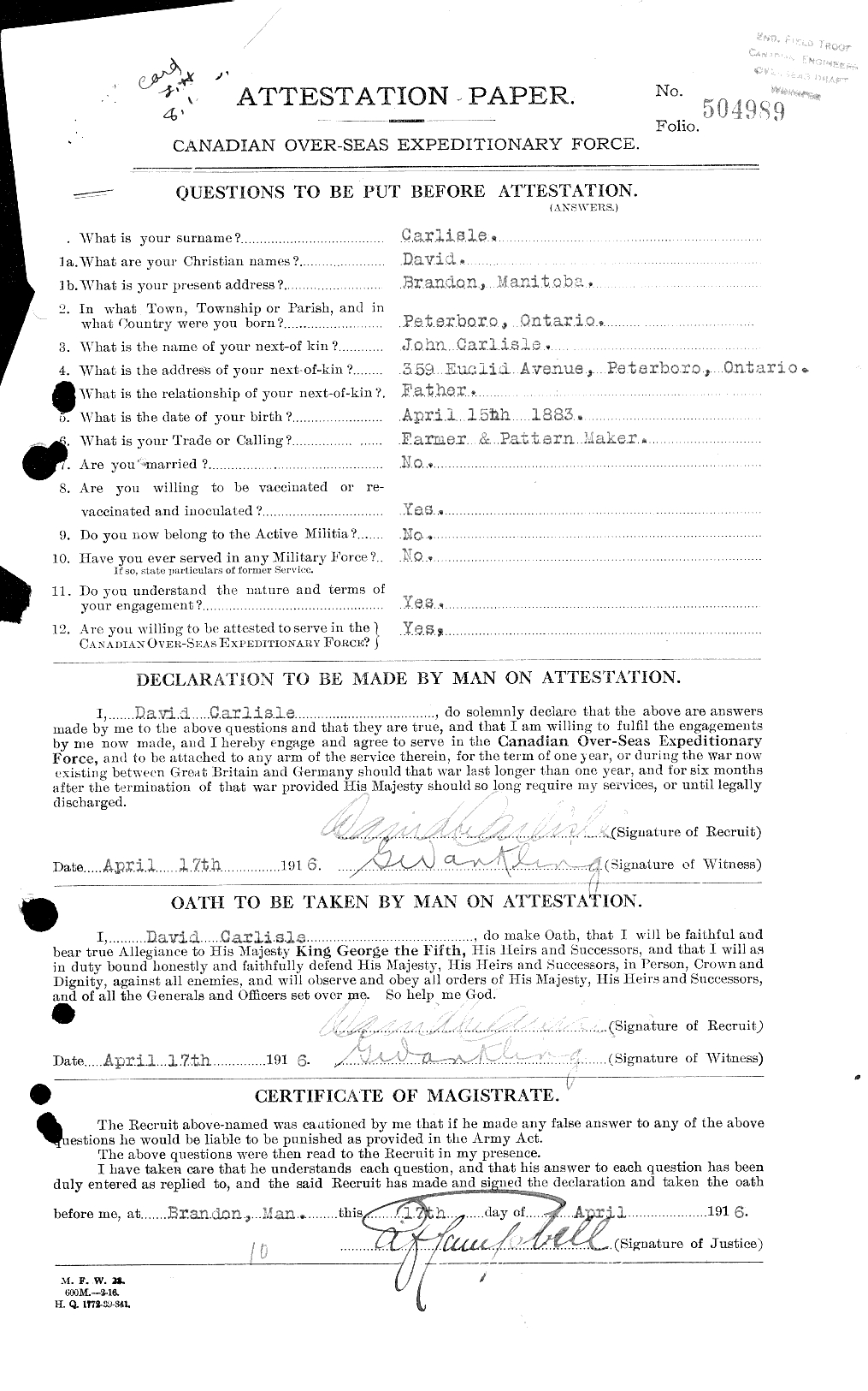 Dossiers du Personnel de la Première Guerre mondiale - CEC 009679a