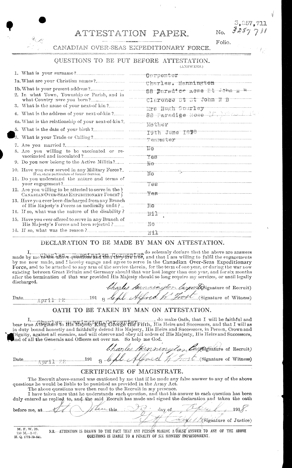Dossiers du Personnel de la Première Guerre mondiale - CEC 010131a