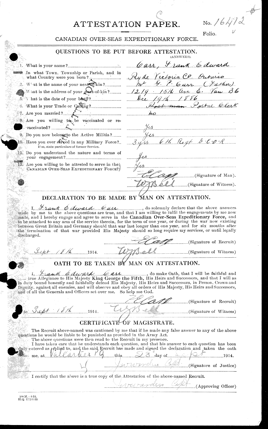 Dossiers du Personnel de la Première Guerre mondiale - CEC 010256a