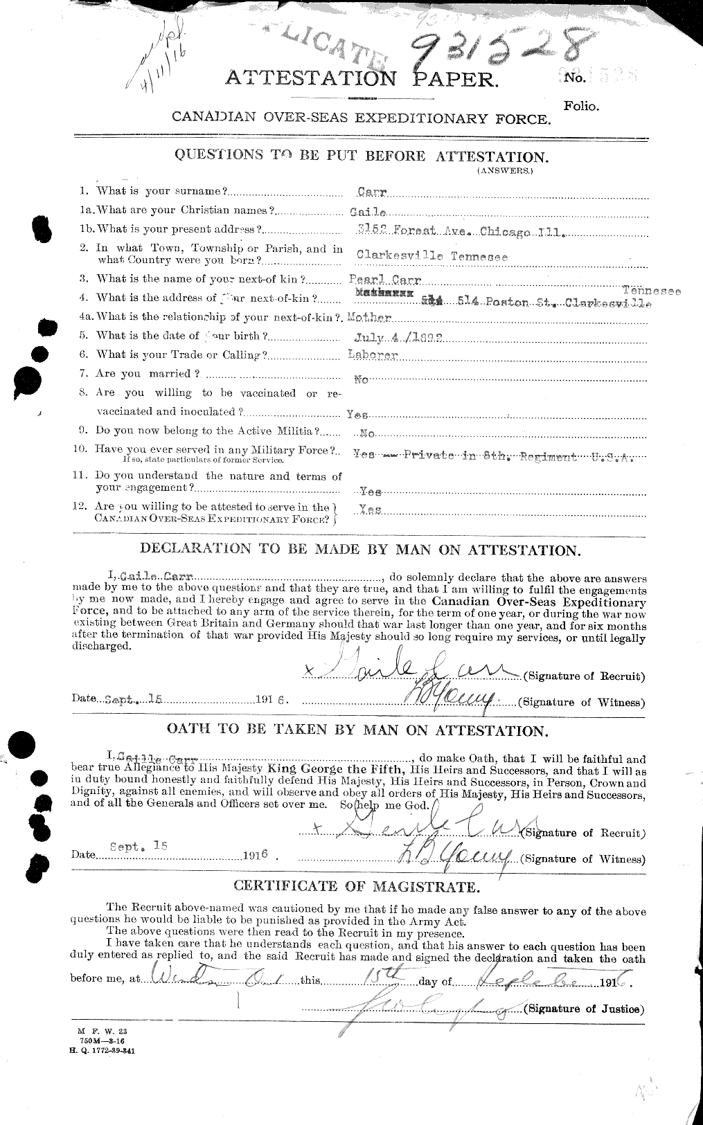 Dossiers du Personnel de la Première Guerre mondiale - CEC 010275a