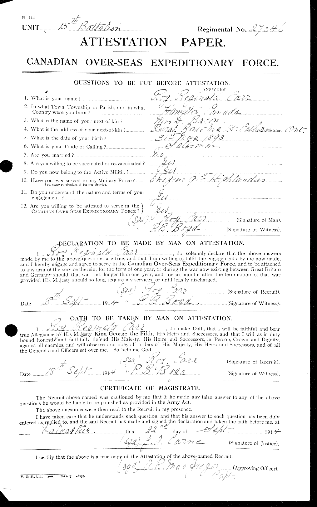 Dossiers du Personnel de la Première Guerre mondiale - CEC 010394a