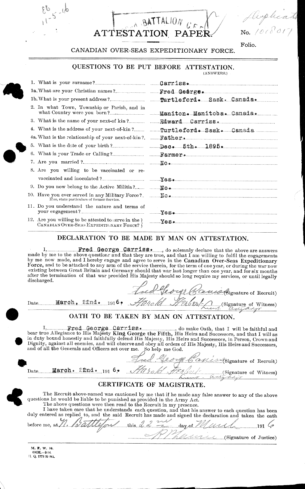 Dossiers du Personnel de la Première Guerre mondiale - CEC 010614a