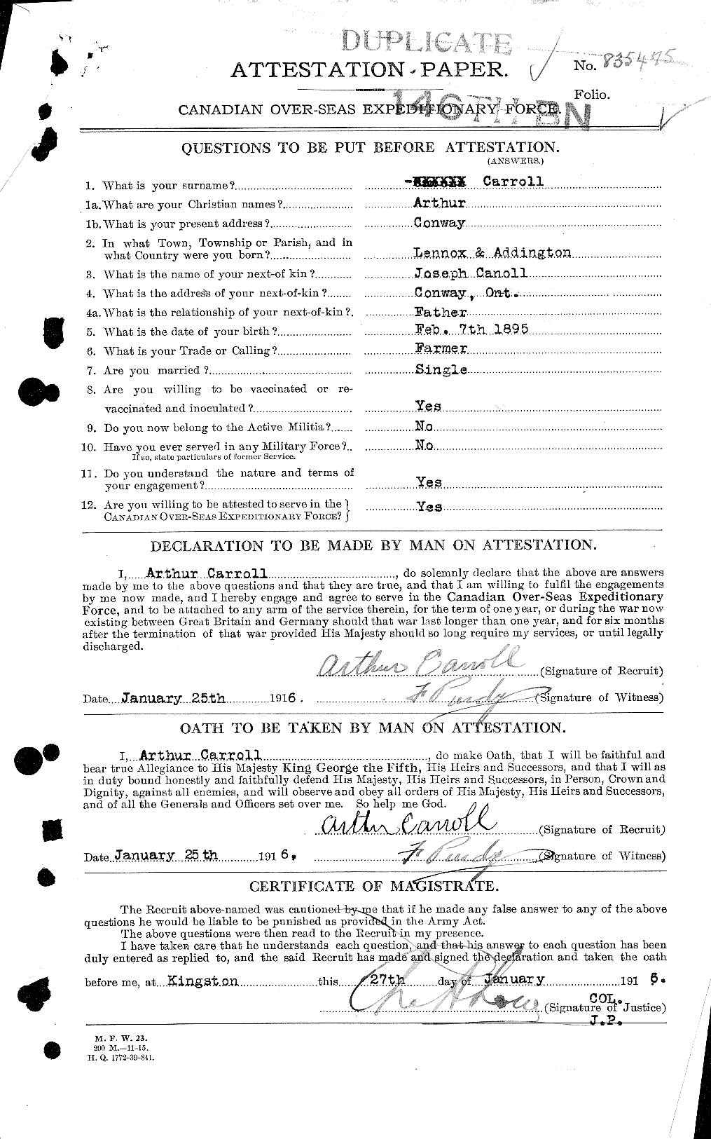 Dossiers du Personnel de la Première Guerre mondiale - CEC 010628a