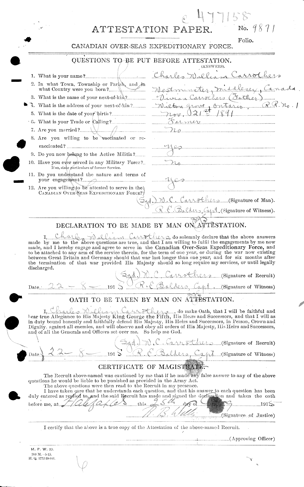 Dossiers du Personnel de la Première Guerre mondiale - CEC 010646a