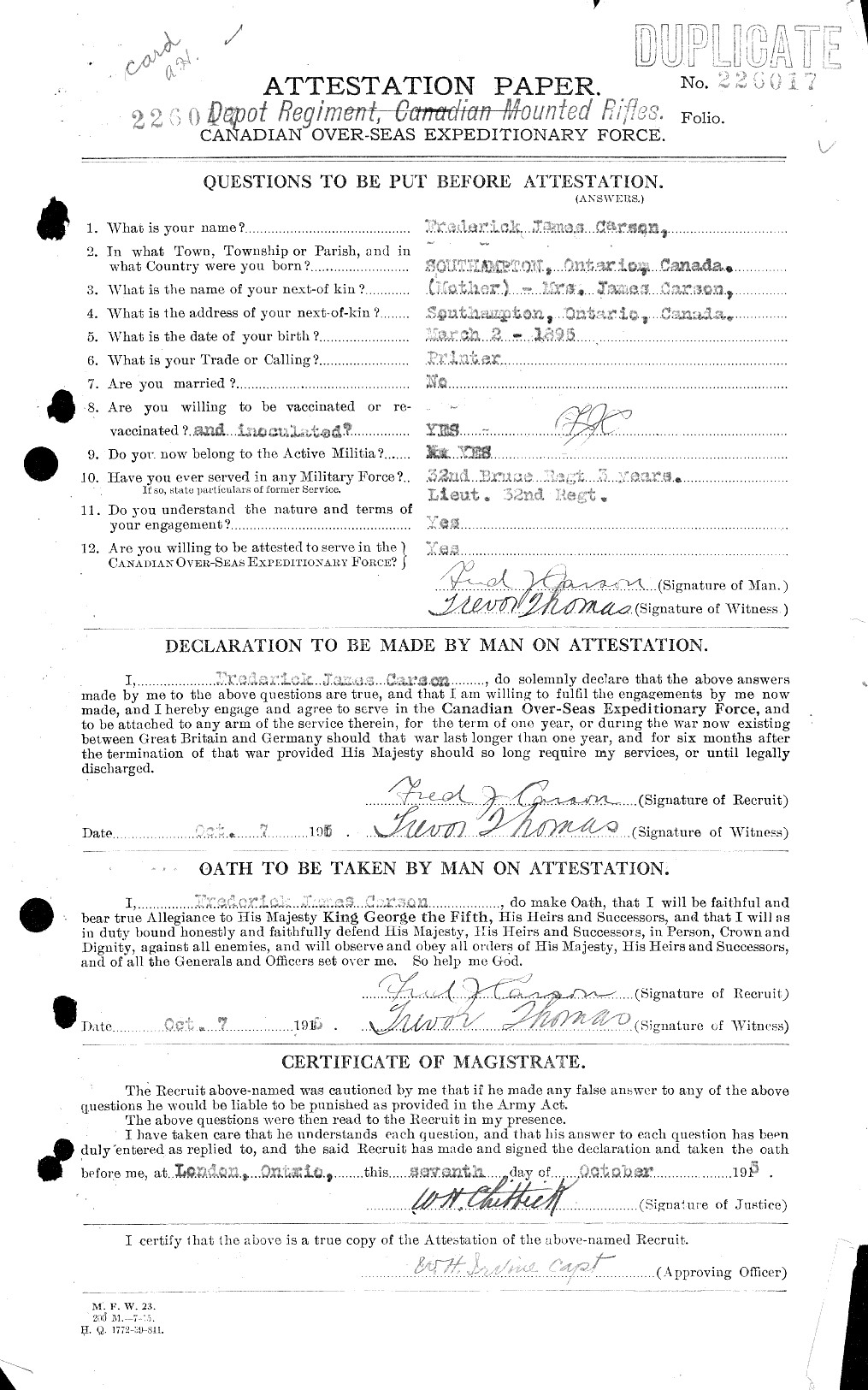 Dossiers du Personnel de la Première Guerre mondiale - CEC 010737a