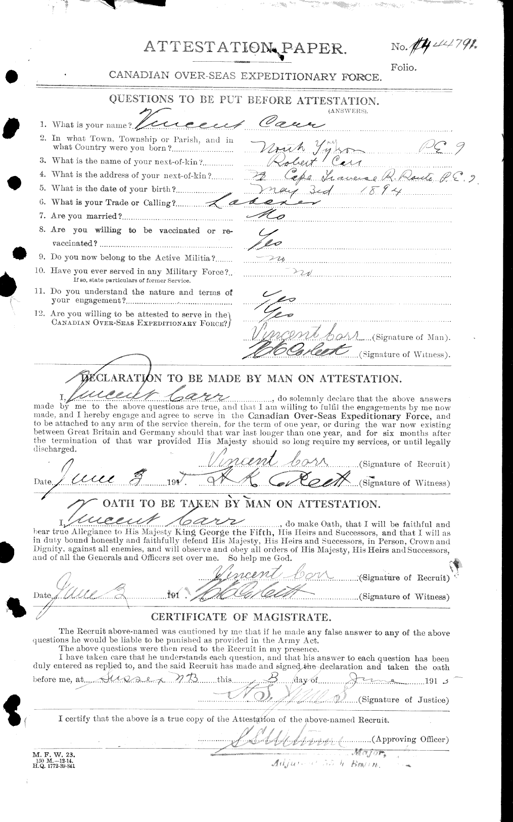 Dossiers du Personnel de la Première Guerre mondiale - CEC 011247a